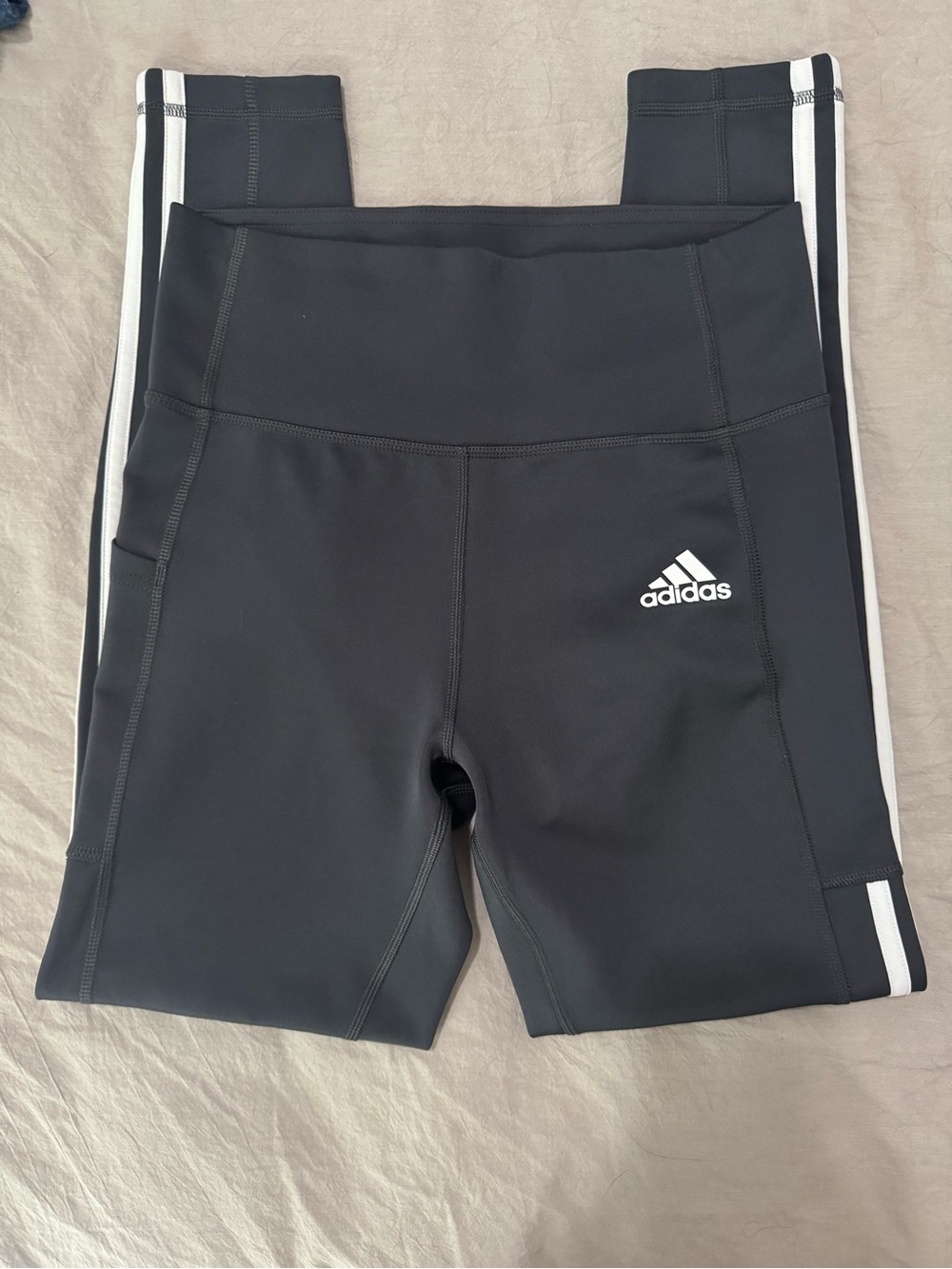 Adidas Dark Gray Leggings with White Triple Side Stripes
